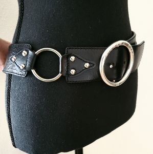 Michael Kors Black Leather Belt Circle Circular Buckle MEDIUM